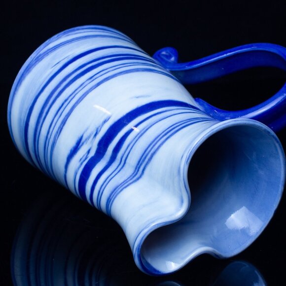 Handcrafted Blue & White Ceramic Pitcher With Swirl Design - Unique Wavy Rim - Picture 5 of 8